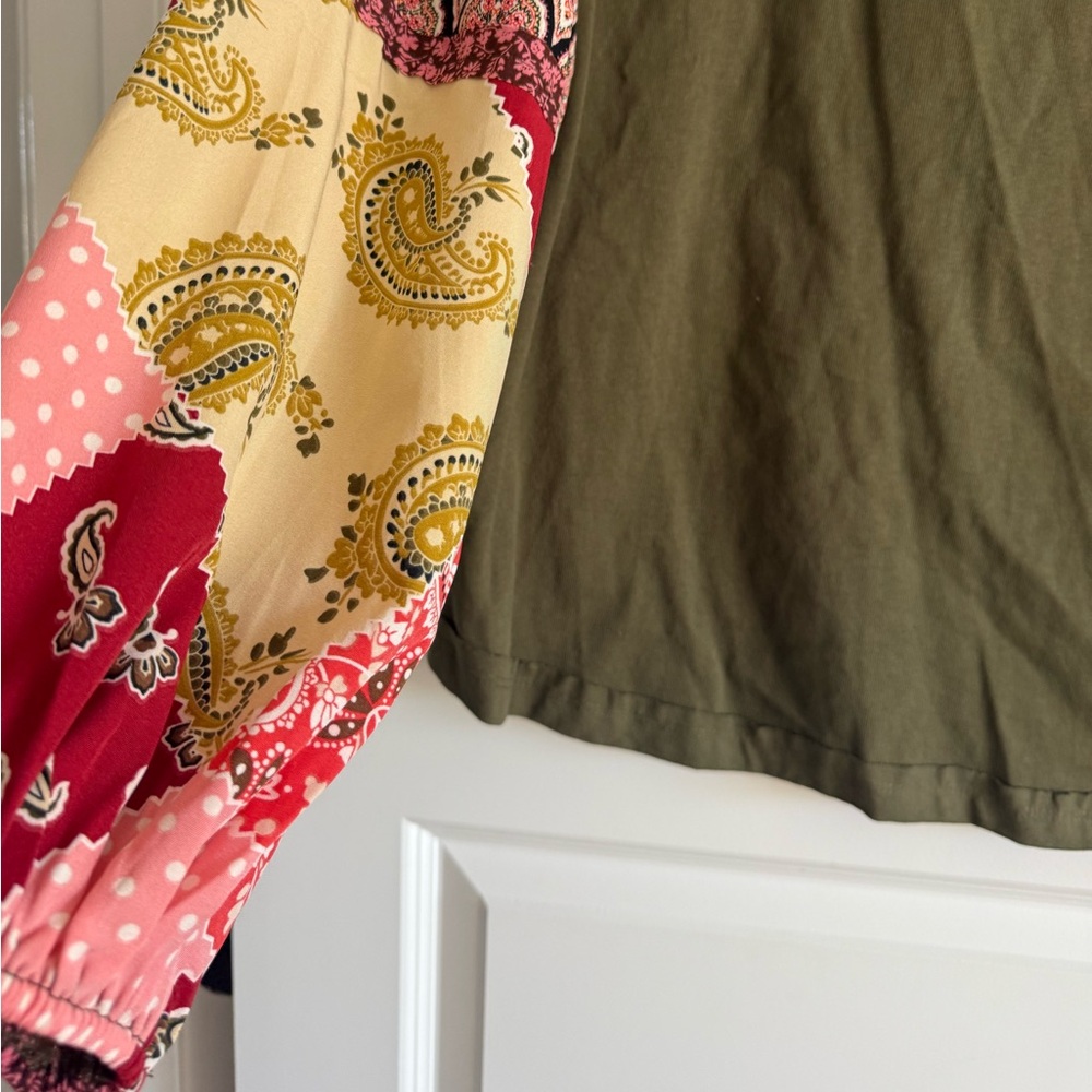 Easel Boho Olive Top Patchwork Balloon Sleeves NW… - image 7